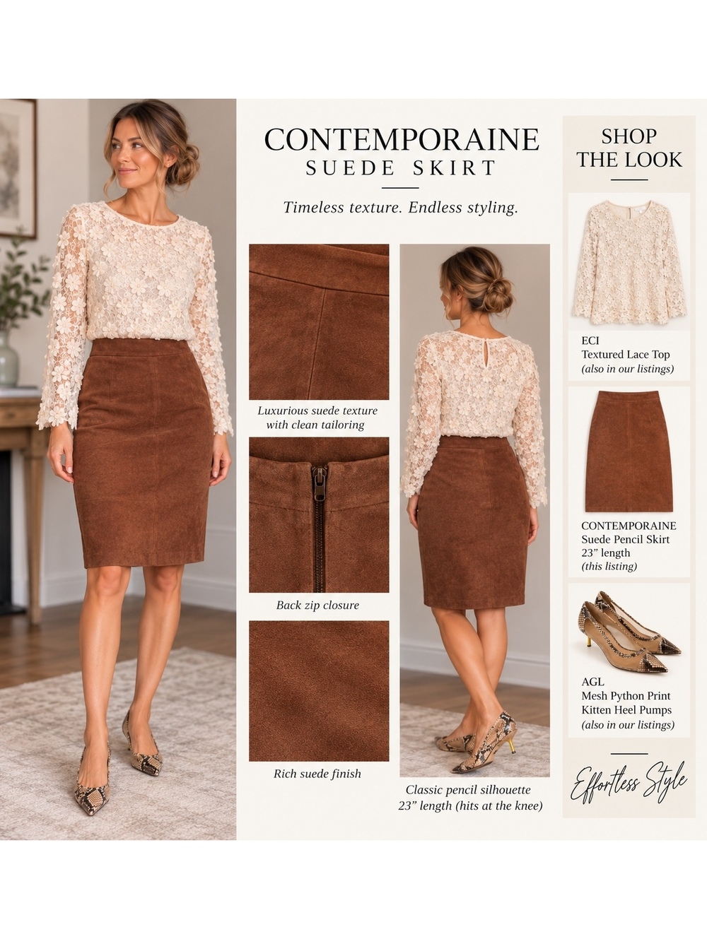 Contemporaine Luxe Cognac Suede Pencil Skirt Size 4 Quiet Luxury